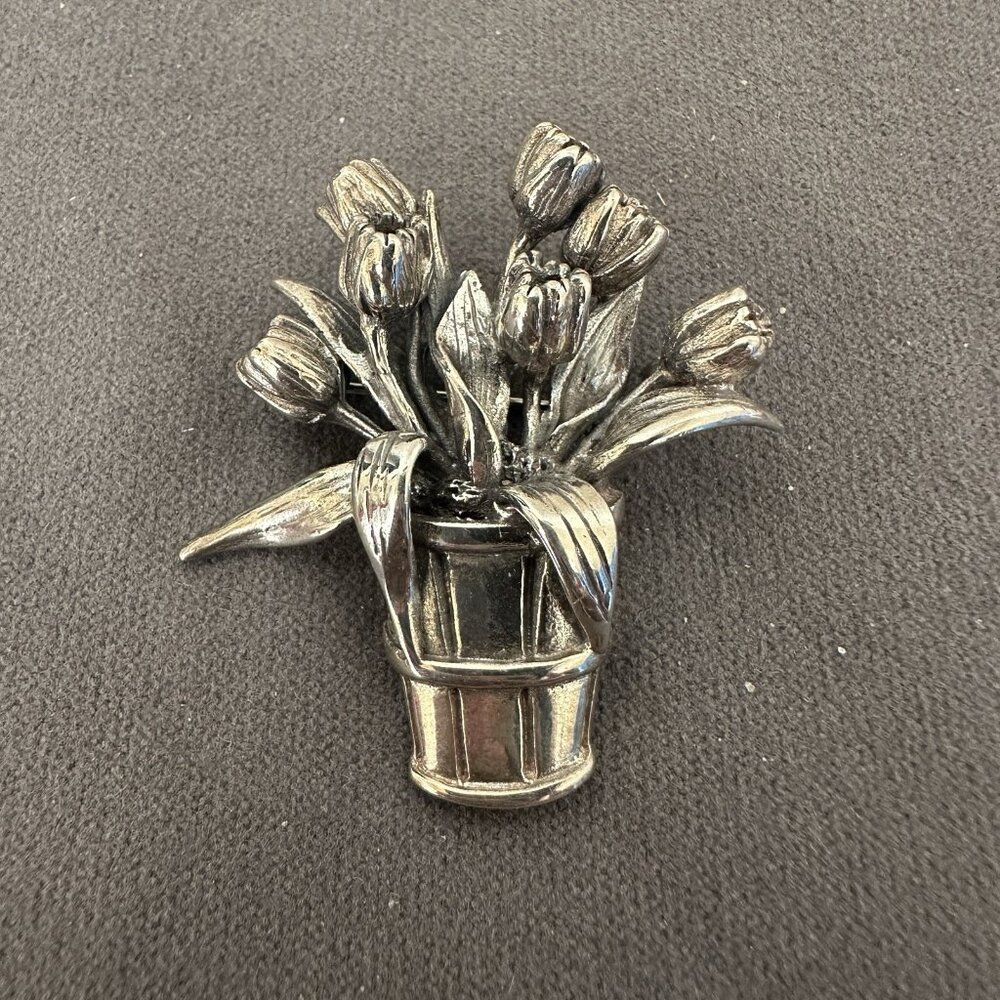 Vtg Hamilton & Hamilton Spring Tulip Flower Bouquet Pin - Sterling 1.5" Brooch